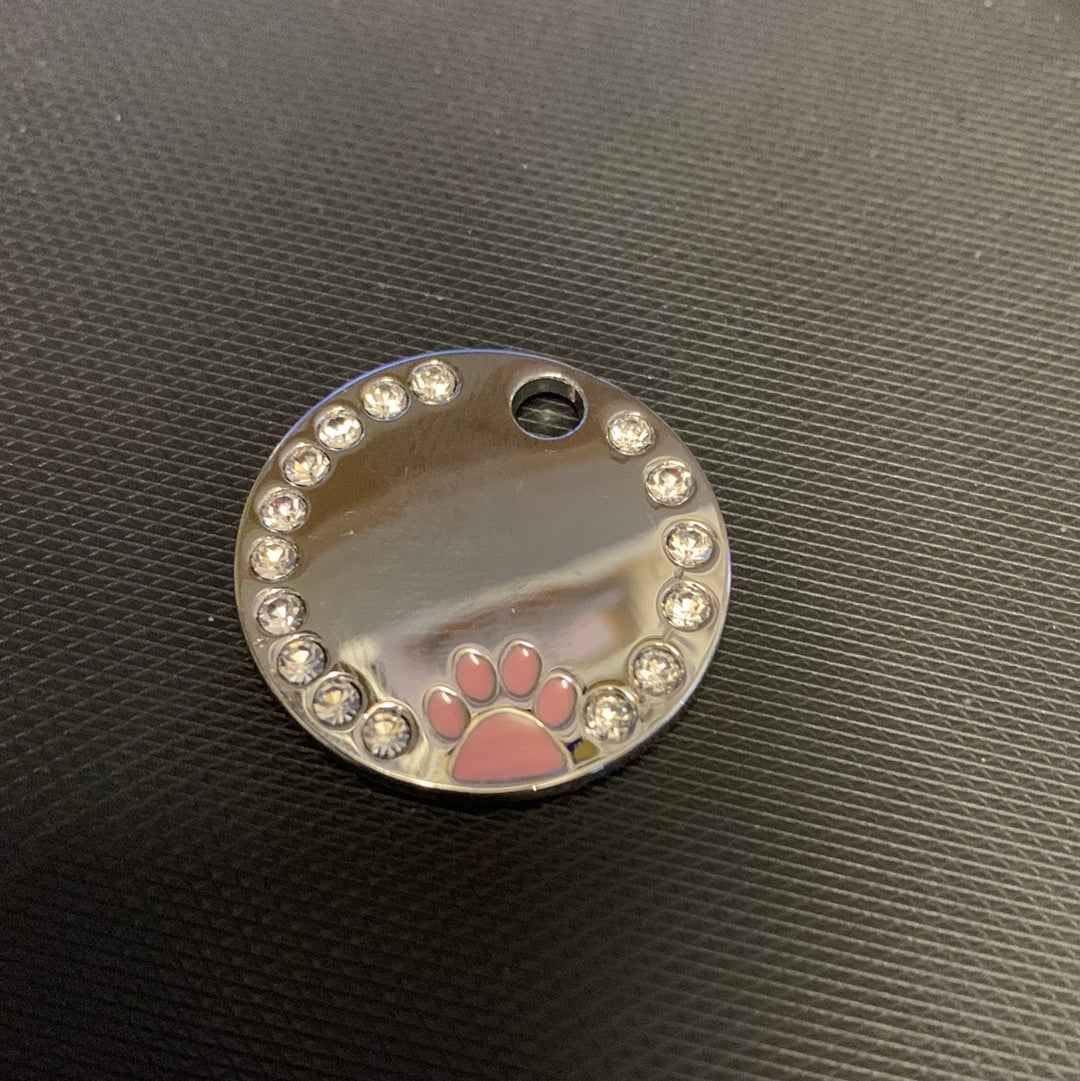 Circle Rhinestone Coloured Paw Dog Puppy, Cat Name ID Engraved Tag - Snazzy Dudds