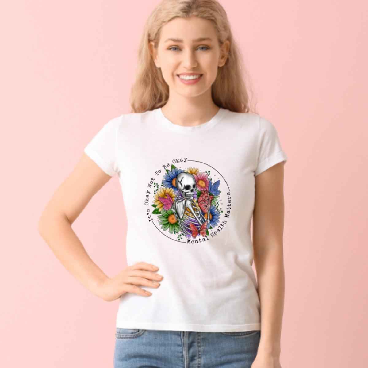 It’s Ok Not To Be Okay Mental Health Matters Skeleton Gothic Flower Graphic White Tshirt - Snazzy Dudds