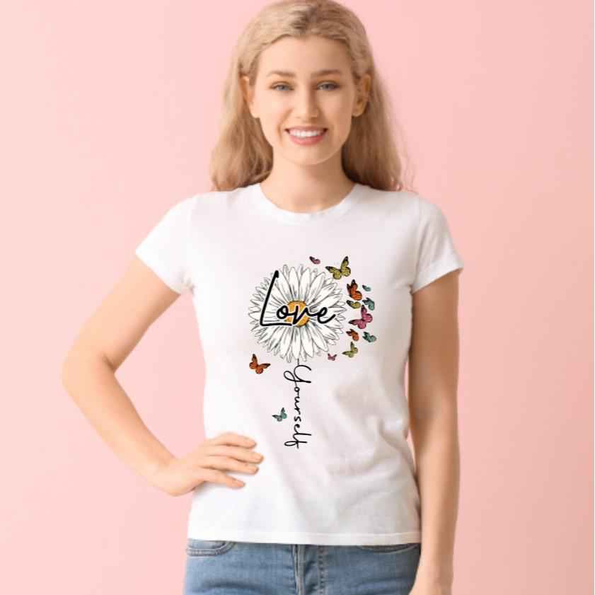 Love Yourself - Flowers Butterflies Image Mental Health White Tshirt - Snazzy Dudds