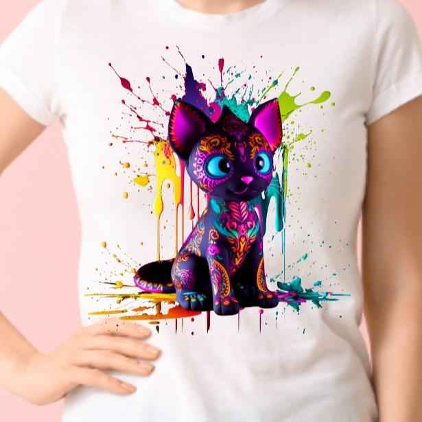 Voodoo Colourful Cat Unisex Crew Neck Tshirt - Snazzy Dudds
