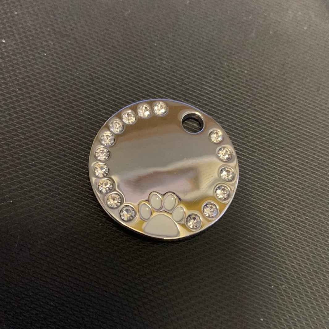 Circle Rhinestone Coloured Paw Dog Puppy, Cat Name ID Engraved Tag - Snazzy Dudds