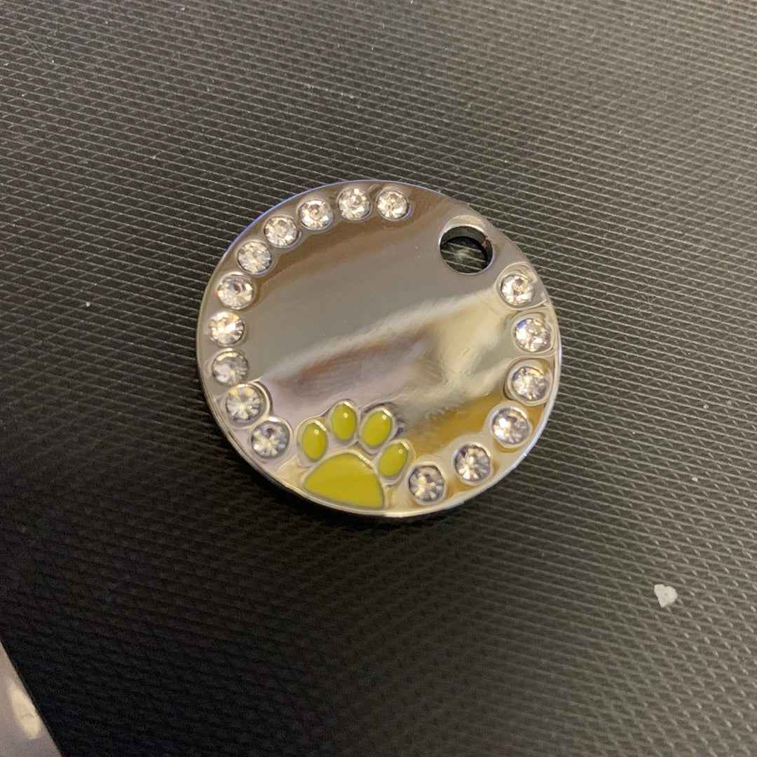 Circle Rhinestone Coloured Paw Dog Puppy, Cat Name ID Engraved Tag - Snazzy Dudds