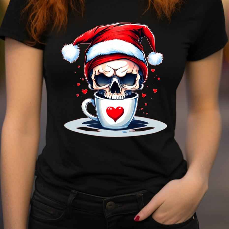 Christmas Gothic Skull Coffee Love Christmas Jumper Day Tshirt Casual Crew Neck Womenswear Menswear Cotton Shortsleeve - Snazzy Dudds
