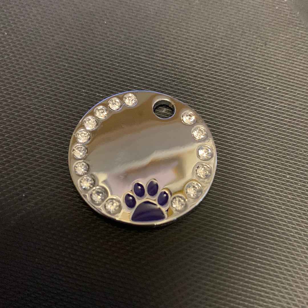 Circle Rhinestone Coloured Paw Dog Puppy, Cat Name ID Engraved Tag - Snazzy Dudds