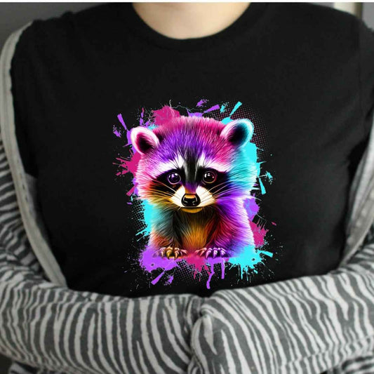 Racoon Colourful Image on Tshirt - Unisex Casual Crew Neck Tshirt 100% Cotton - Snazzy Dudds
