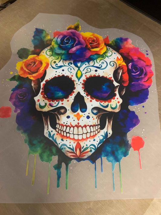 DTF Transfer ONLY - DTF Transfer - Direct To Film - Sugar Skull with Flowers Transfer Ideal for Tshirts or bags Ready For Press - Snazzy Dudds