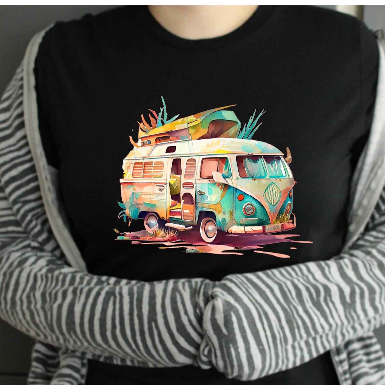 TSHIRT - VW Campervan Green Watercolour Design Unisex Casual Crew Neck Tshirt 100% Cotton - Snazzy Dudds