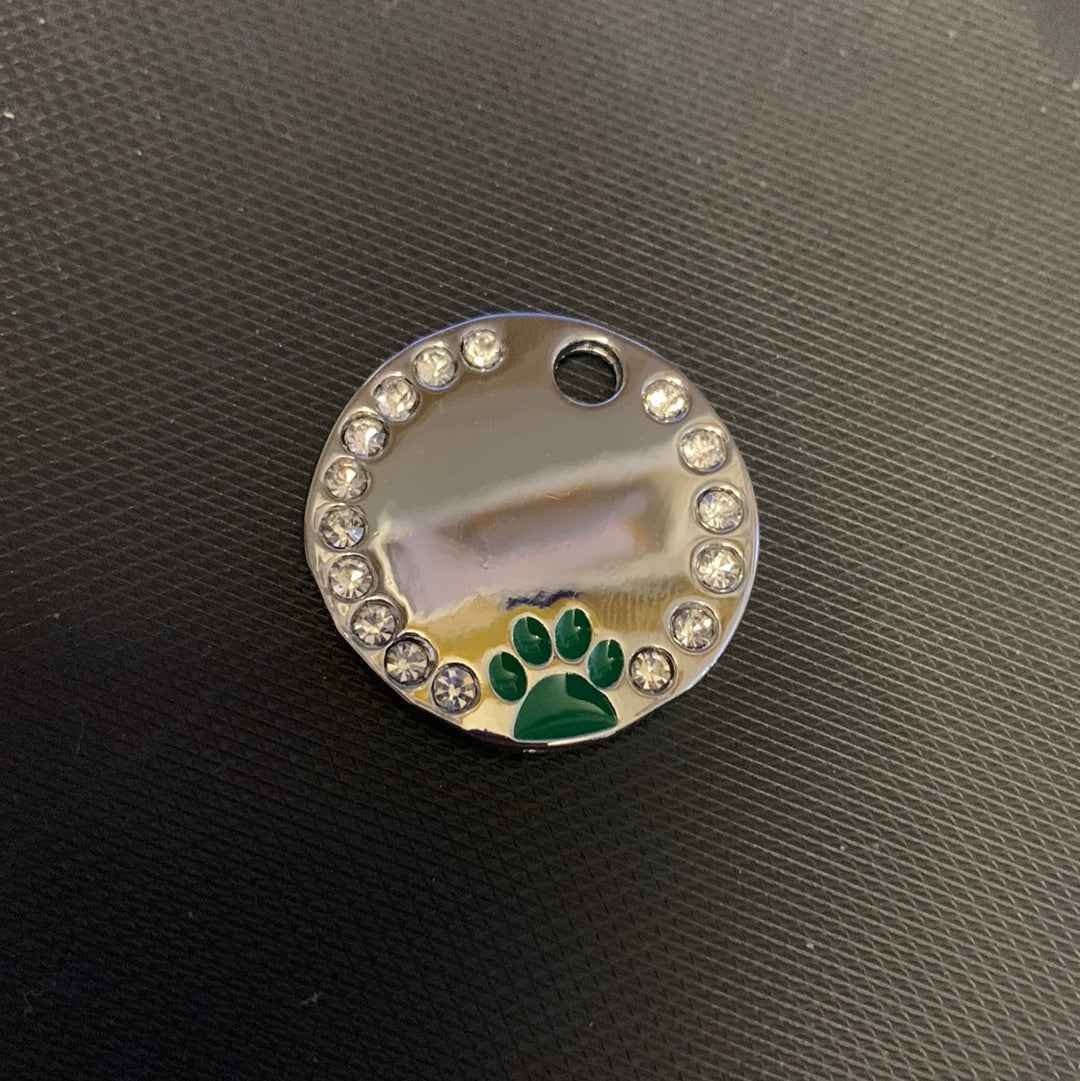 Circle Rhinestone Coloured Paw Dog Puppy, Cat Name ID Engraved Tag - Snazzy Dudds