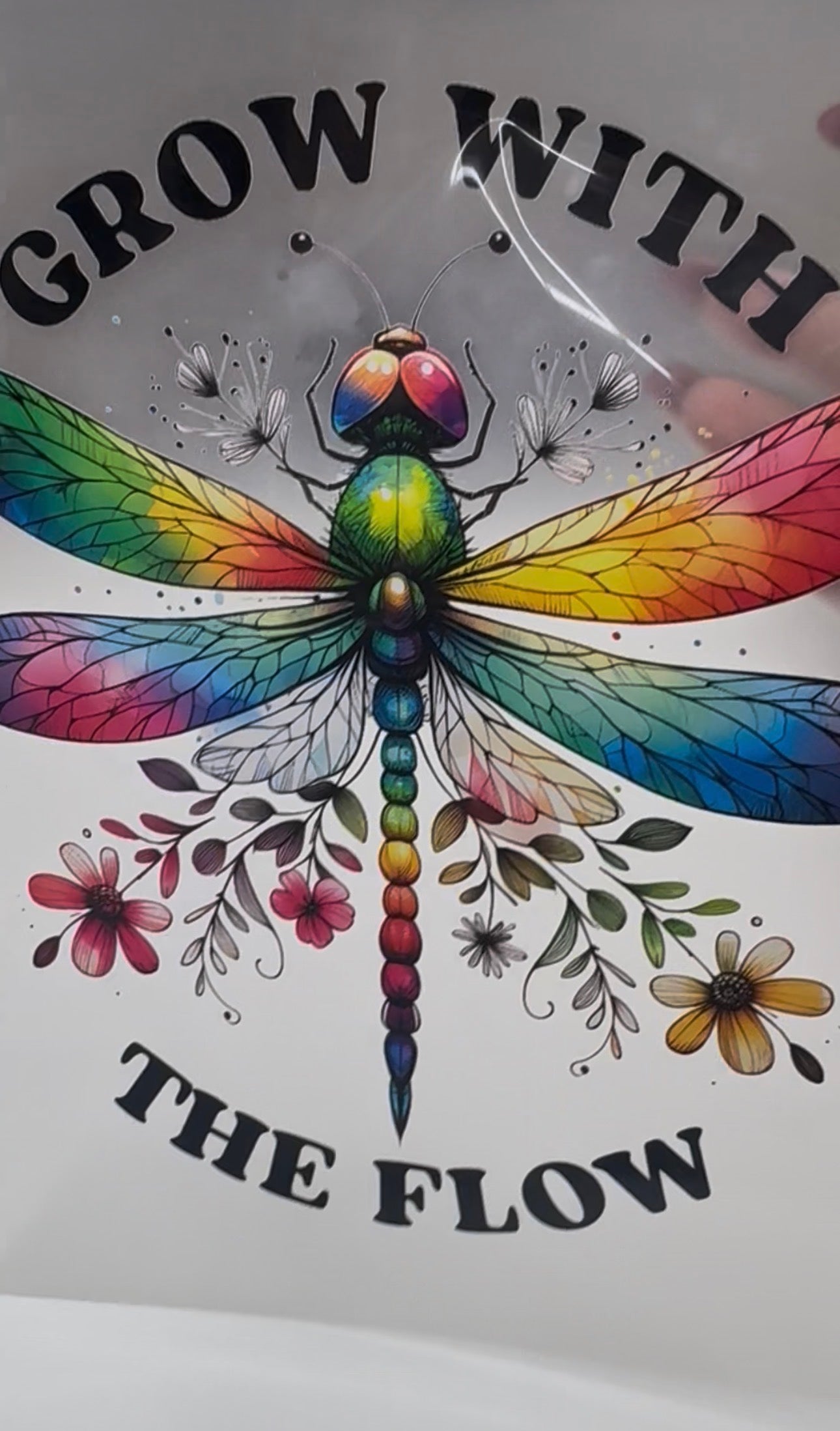 Rainbow Dragonfly "Grow With The Flow" Premium DTF Transfer | Boho Floral Design
