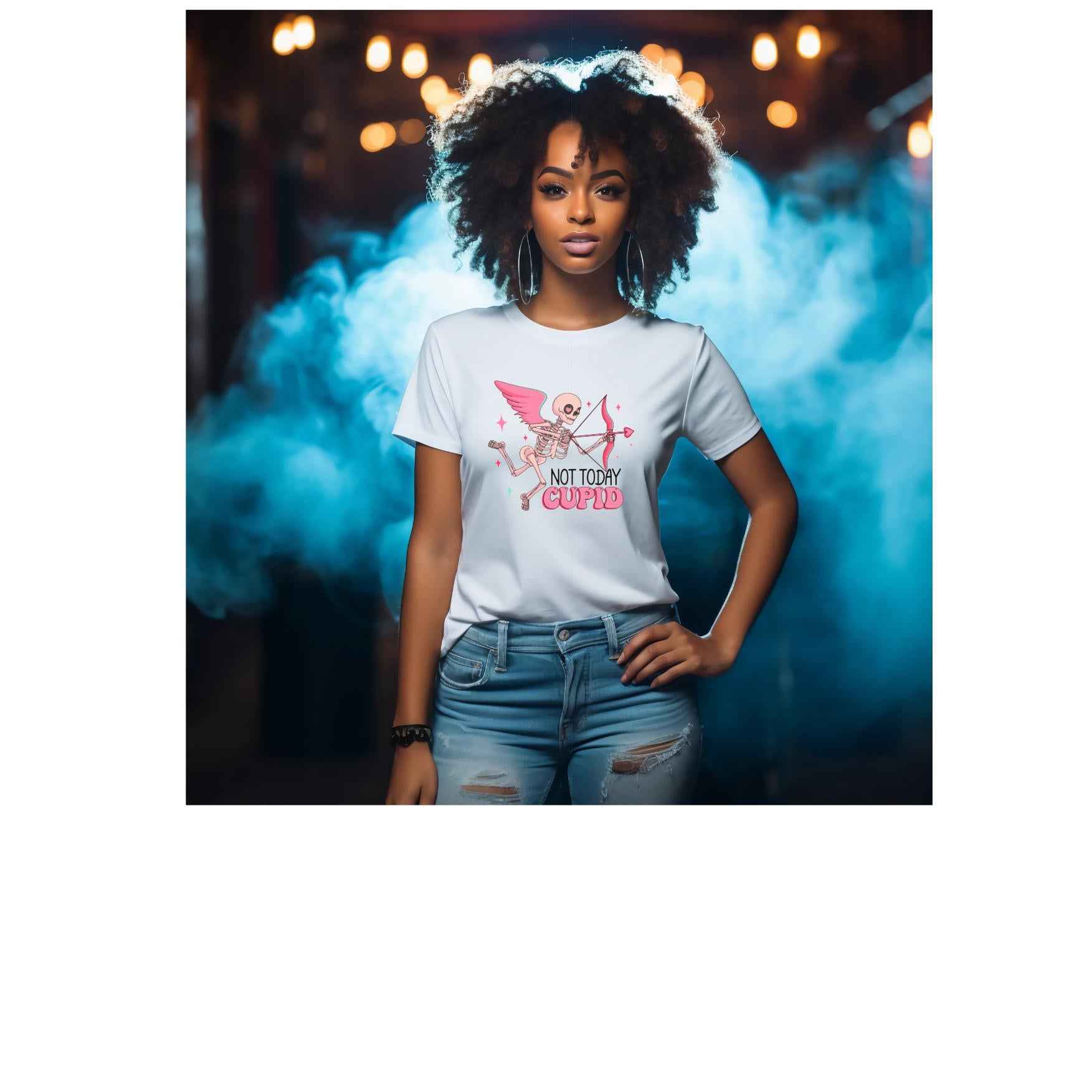 NOT TODAY CUPID: Skeleton Anti-Valentine's Crew Neck Tees Casual Crew Neck Tees White Tshirt Gothic Lovers - Snazzy Dudds