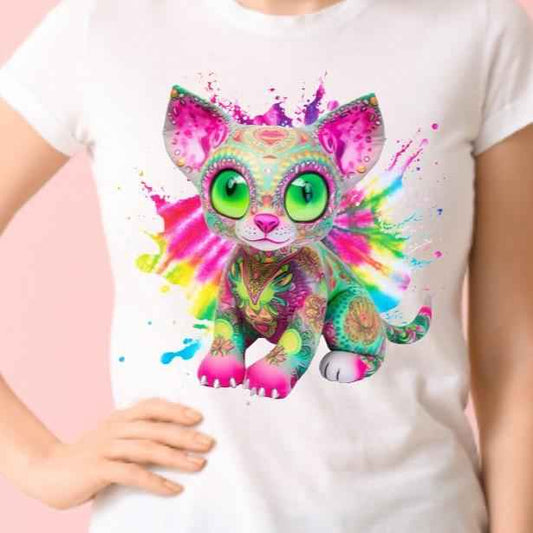 Cat Sphinx Pink and Green Tie Dye Colourful Unisex Crew Neck Tshirt - Snazzy Dudds