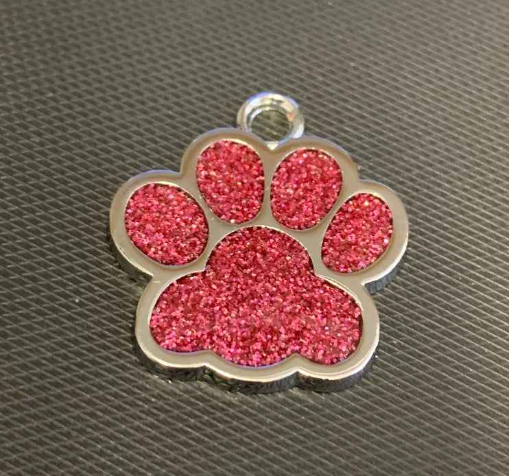 Engraved Glitter Paw Print Pet Dog Name Tag Personalised Custom ID Tag - Snazzy Dudds