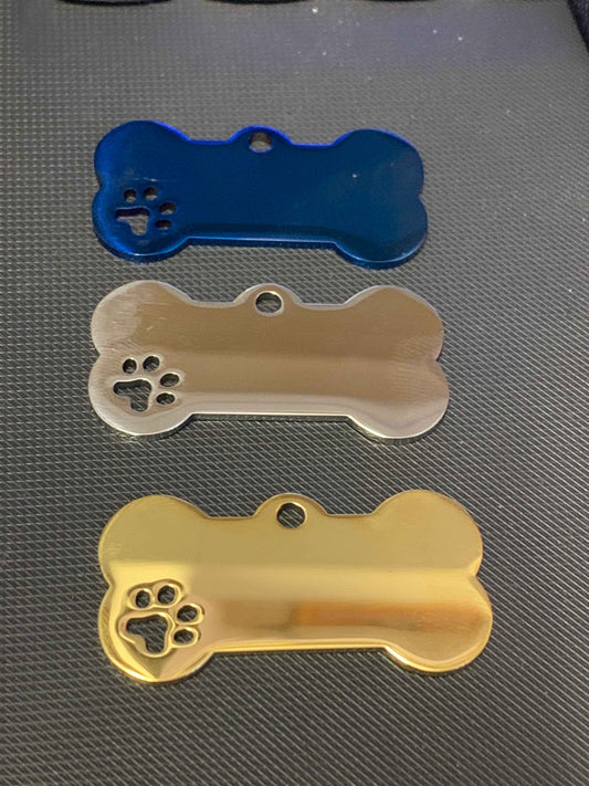 Bone Shape Paw Dog Puppy, Cat Name ID Engraved Tag with cut out paw print - Snazzy Dudds