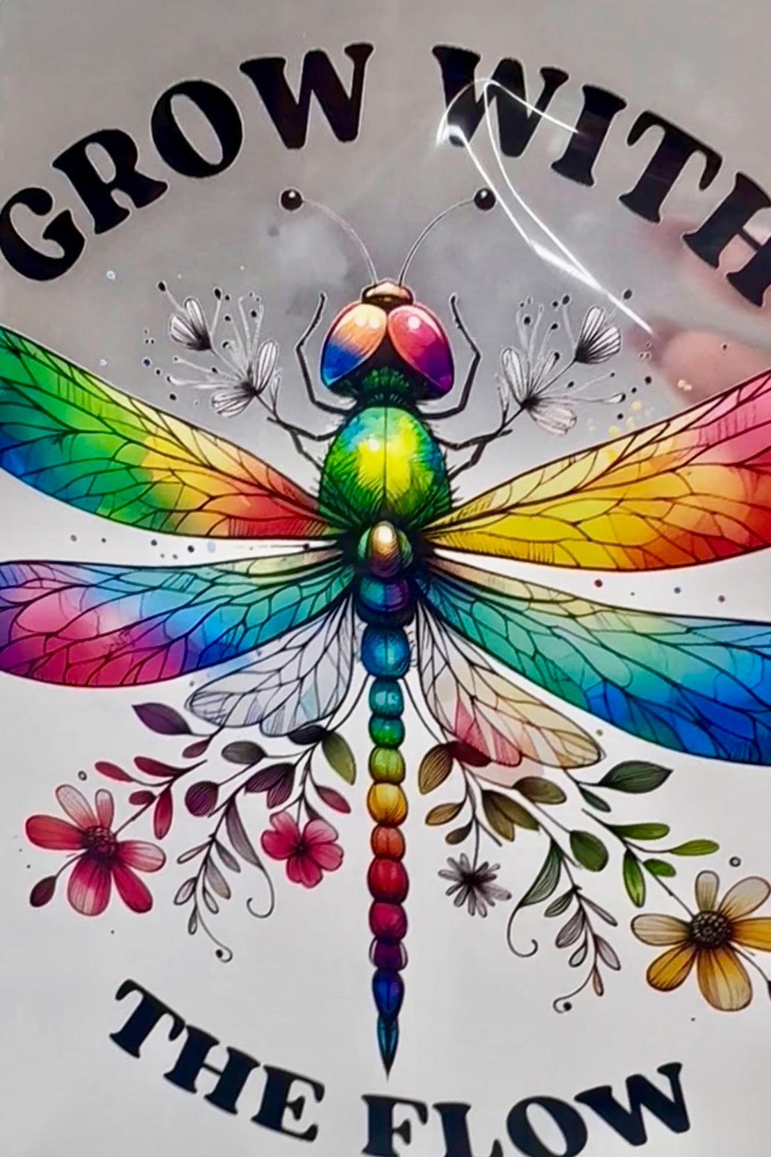 Rainbow Dragonfly "Grow With The Flow" Premium DTF Transfer | Boho Floral Design