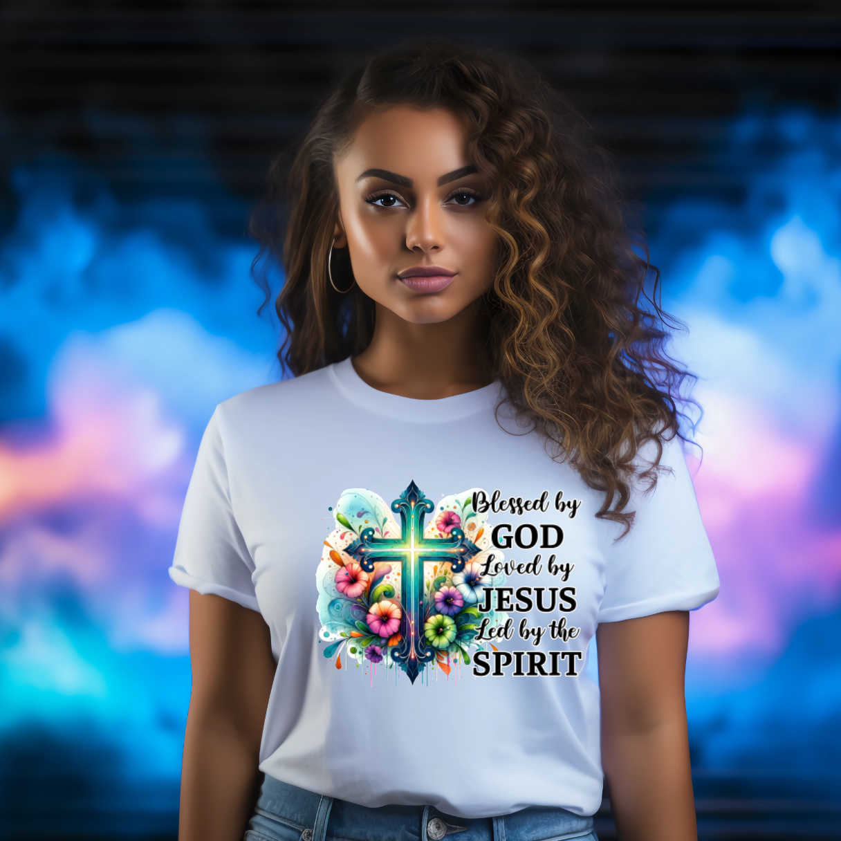 Blessed by God, Loved by Jesus, Led by the Spirit - Religious - Christian - Catholic - Easter Casual Crew Neck White Tshirt Short Shortsleeve - Snazzy Dudds