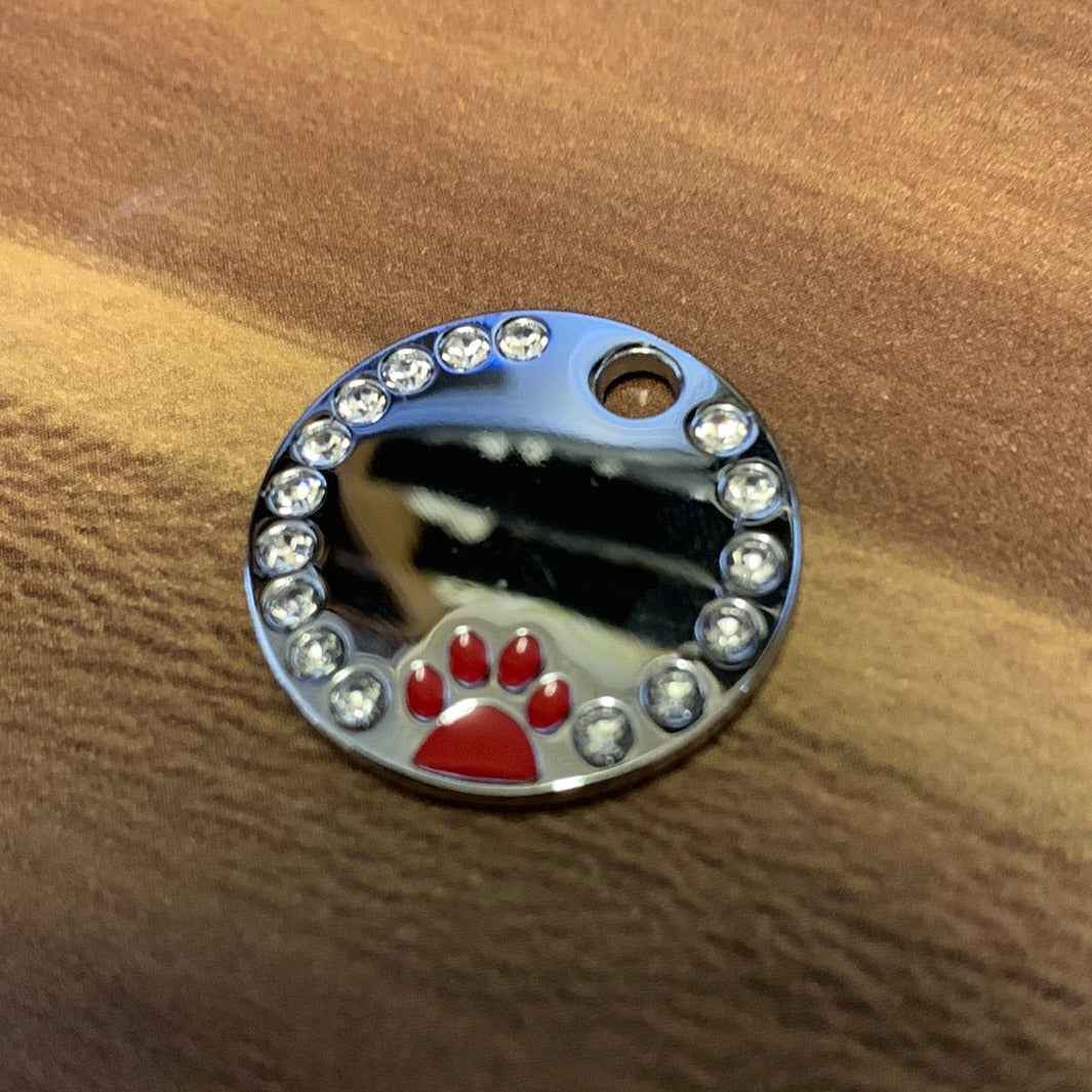 Circle Rhinestone Coloured Paw Dog Puppy, Cat Name ID Engraved Tag - Snazzy Dudds