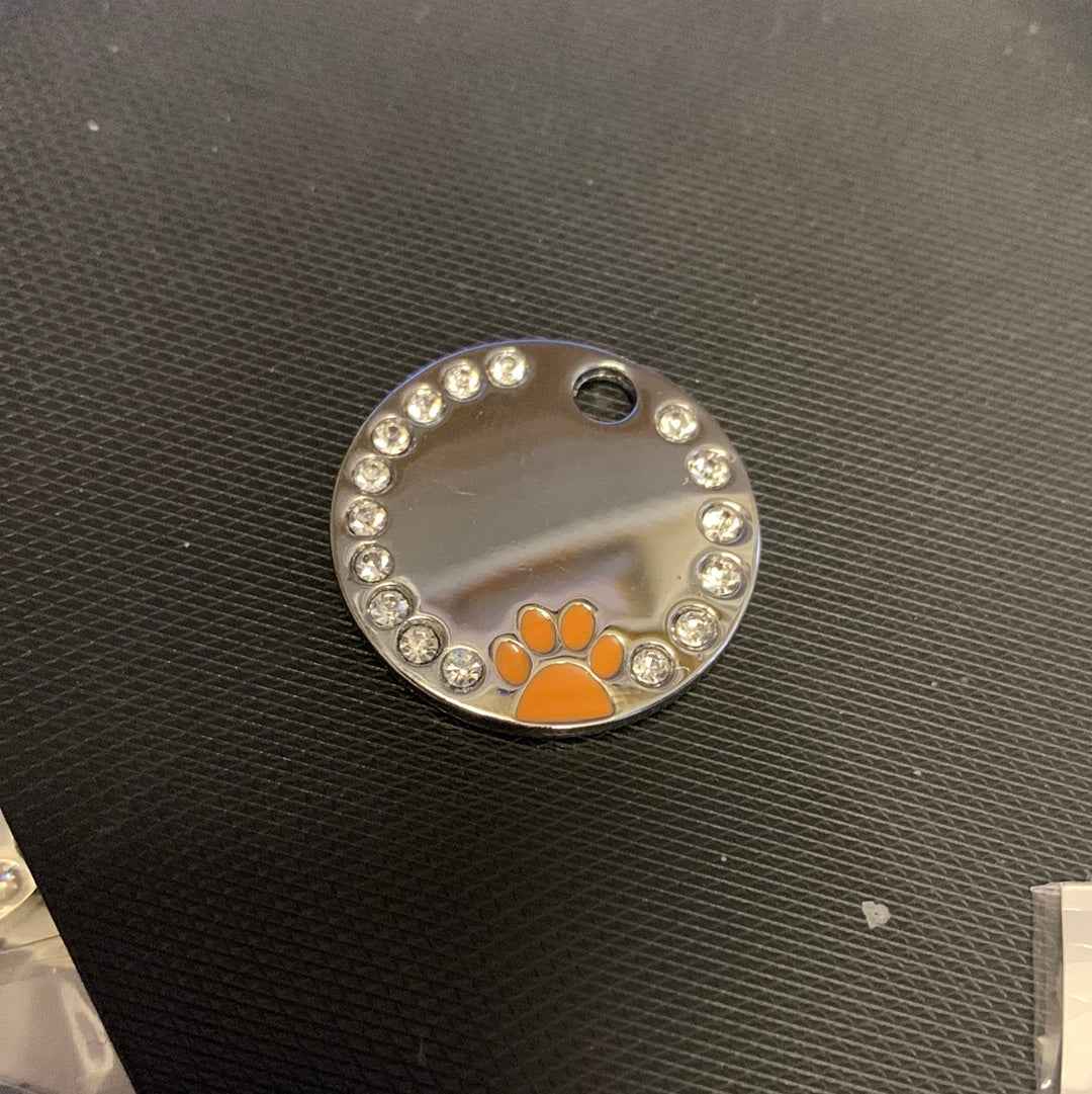 Circle Rhinestone Coloured Paw Dog Puppy, Cat Name ID Engraved Tag - Snazzy Dudds