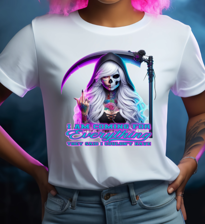 Coming for Everything Grim Reaper Womens Positivity Neon Gothic Halloween Unisex Crew Neck Tshirt - Snazzy Dudds