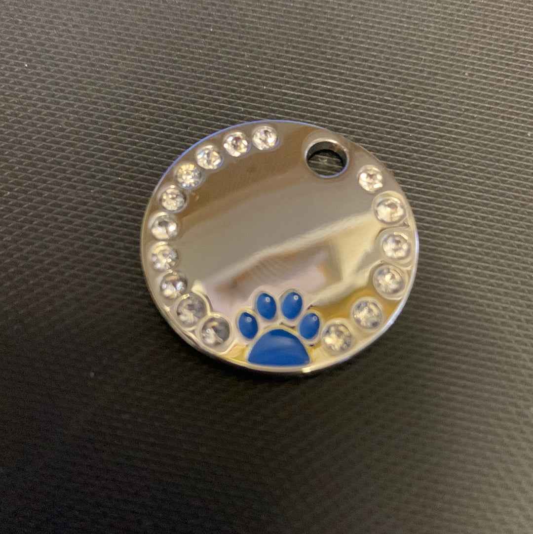 Circle Rhinestone Coloured Paw Dog Puppy, Cat Name ID Engraved Tag - Snazzy Dudds