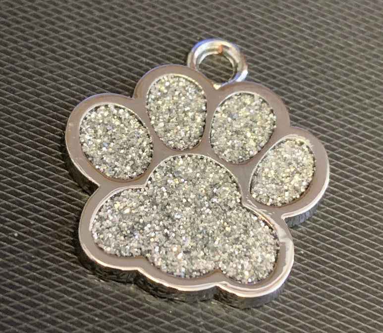 Engraved Glitter Paw Print Pet Dog Name Tag Personalised Custom ID Tag - Snazzy Dudds