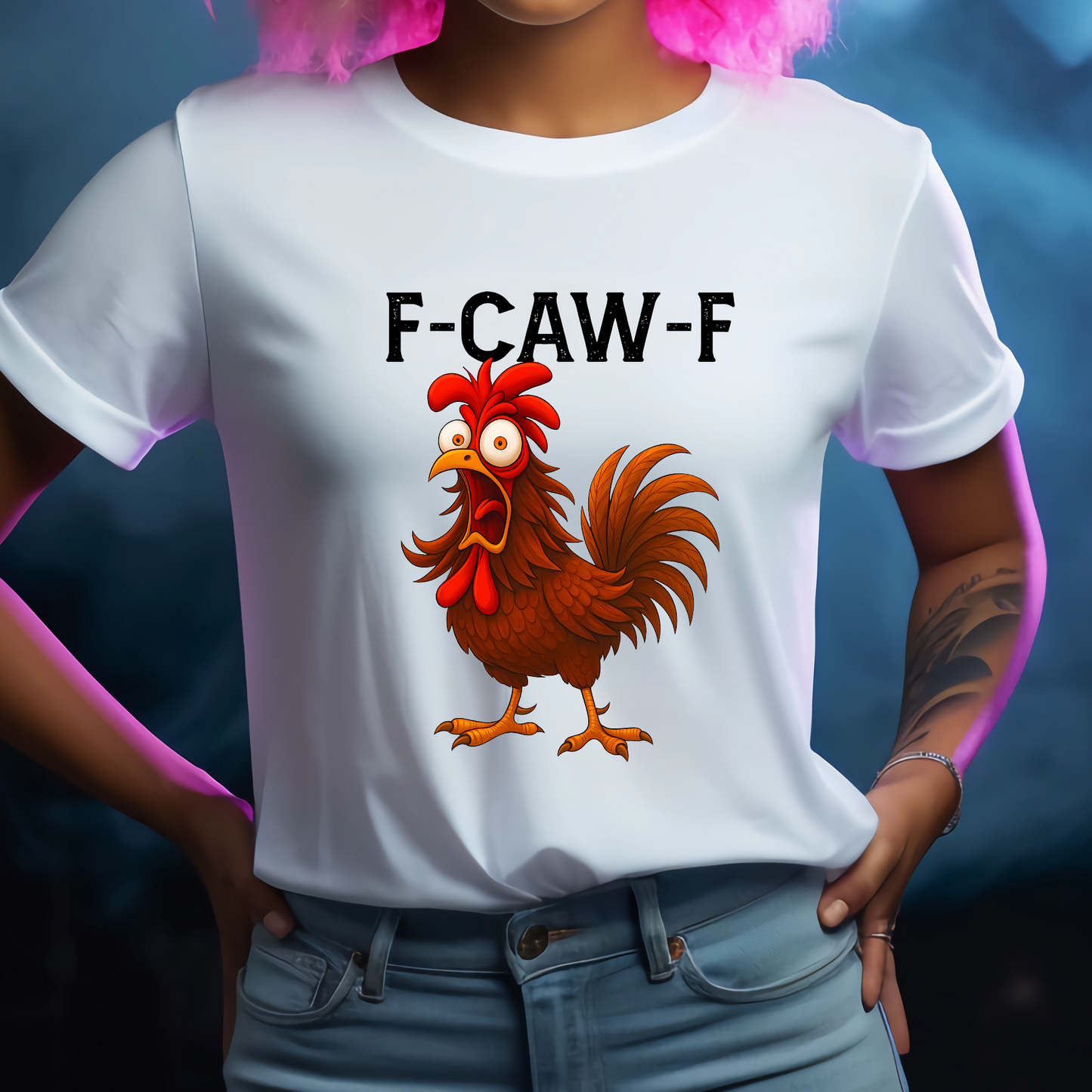 F-Caw-F Chicken T-Shirt, Funny FCAWF Graphic Tee for Men & Women, Hilarious Farm Animal Shirt, Casual Unisex Top, Viral Meme Style - Snazzy Dudds