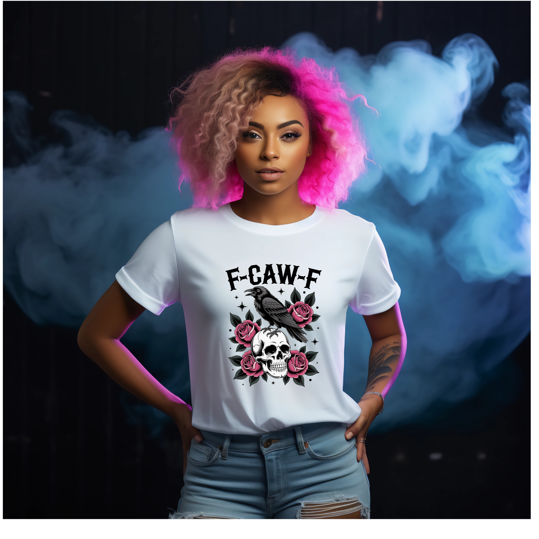 Funny F-CAW-F Skull Crow Graphic T-Shirt - Plus Size Short Sleeve Casual Shirt, Machine Washable Novelty Humour Apparel, Funny Tshirts gifts good graphic tees streetwear Tshirt - Snazzy Dudds