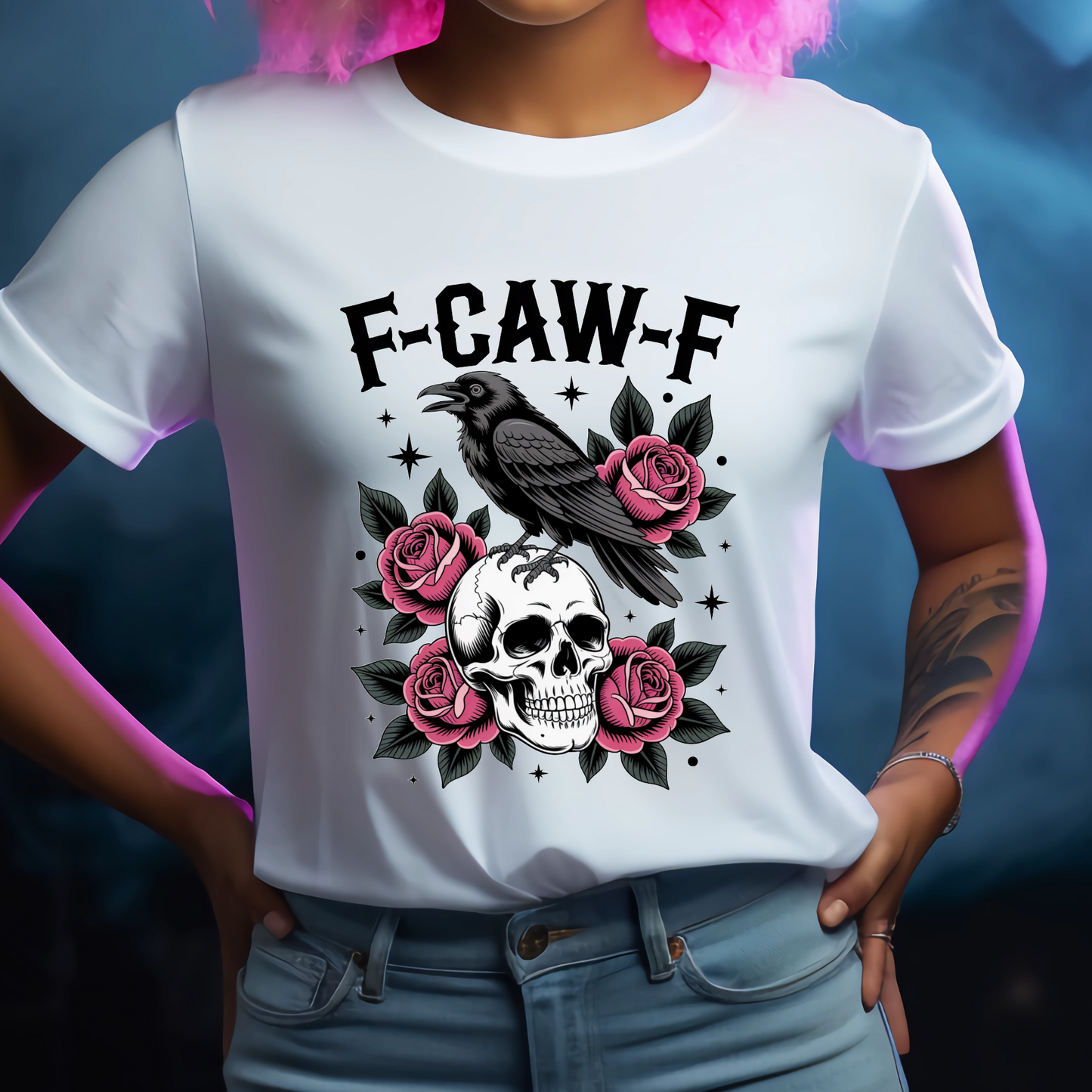 Funny F-CAW-F Skull Crow Graphic T-Shirt - Plus Size Short Sleeve Casual Shirt, Machine Washable Novelty Humour Apparel, Funny Tshirts gifts good graphic tees streetwear Tshirt - Snazzy Dudds