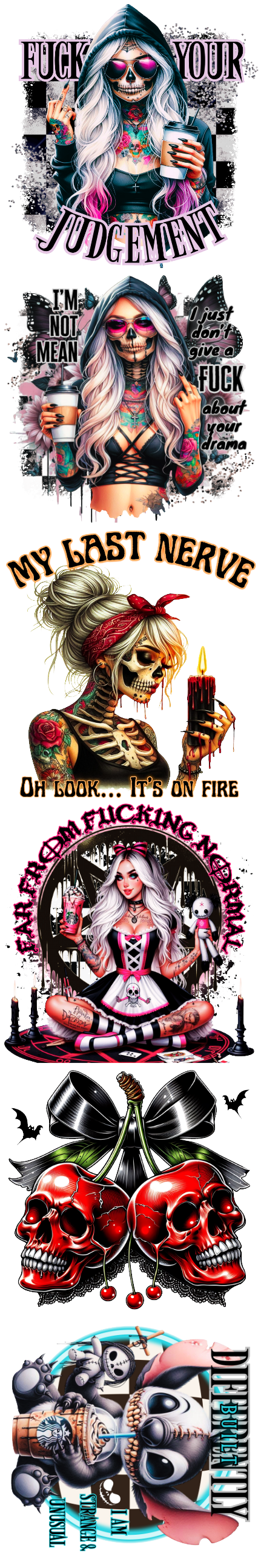 Halloween Gothic DTF Gang Sheet 11.5" x 72" | Skeleton Girl, Skulls, Alternative Witch, Sarcastic Quotes & Spooky Transfer Bundle