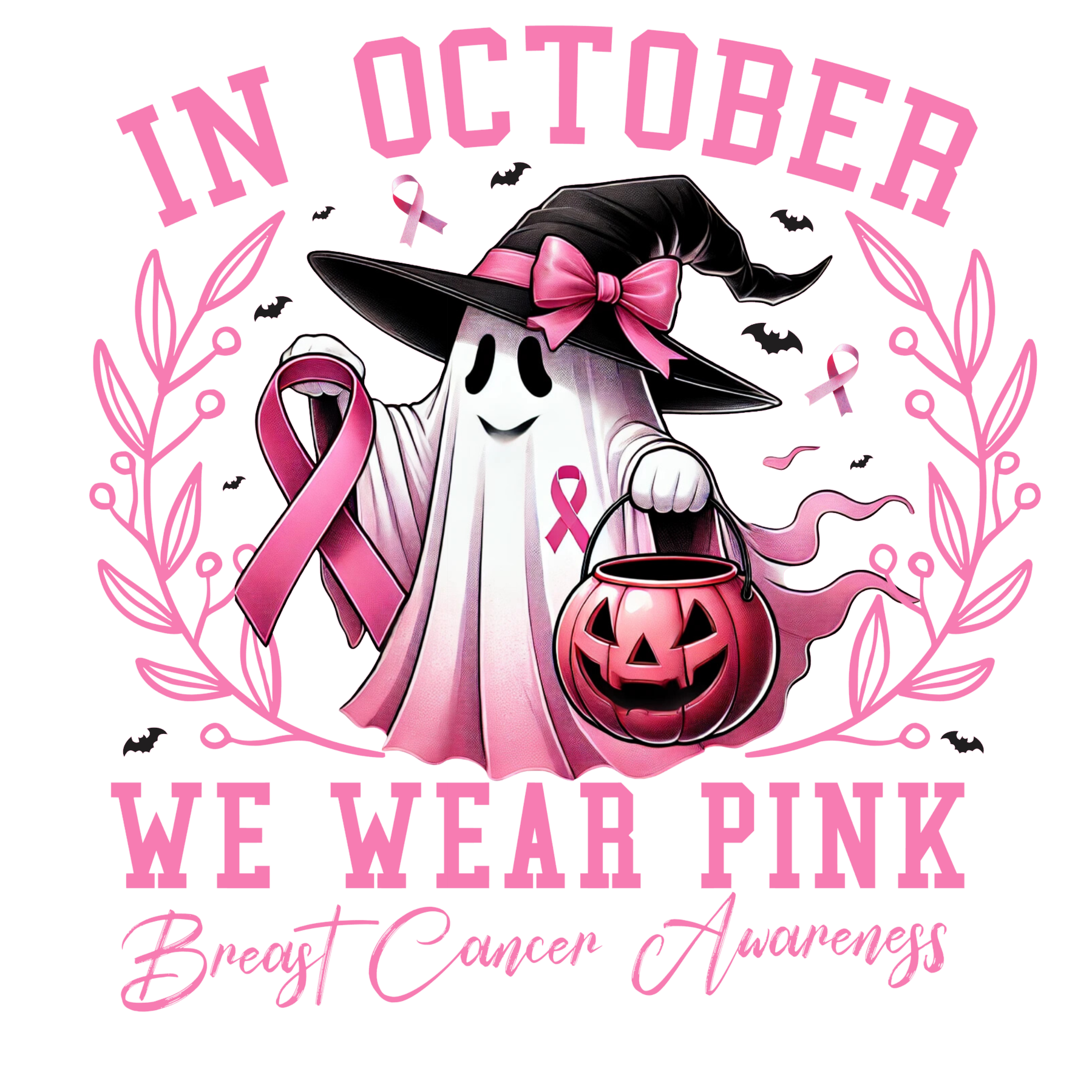 In October We Wear Pink Breast Cancer Awareness Ghost DTF Transfer - Snazzy Dudds