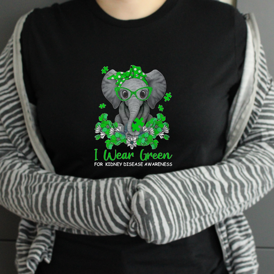 I Wear Green For Kidney Disease Awareness Elephant Tshirt - Snazzy Dudds