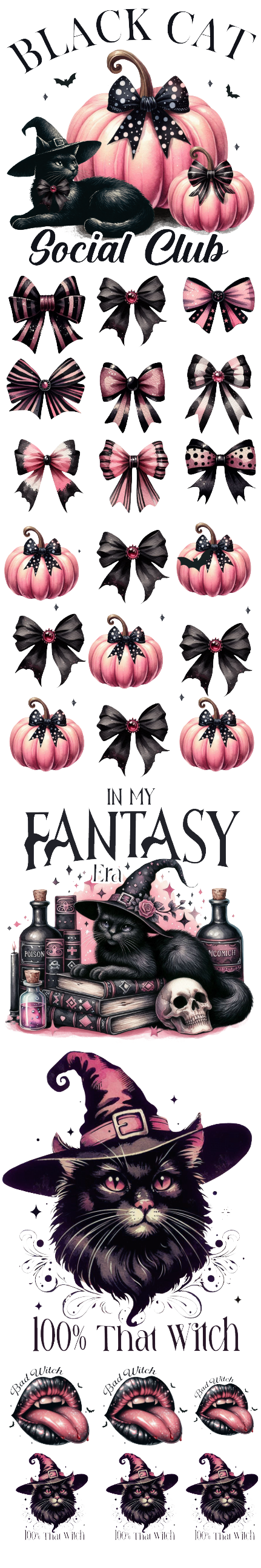 Halloween Pink Black Cat Social Club DTF Gang Sheet – 11.5" x 72" – Witchy Cat, Pumpkin & Coquette Bow Transfer Bundle for T-Shirts, Sweatshirts & Crafts