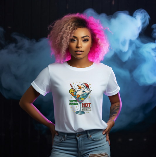 Santas Hot Mess (Duck Cocktail Glass)Tshirt - Snazzy Dudds