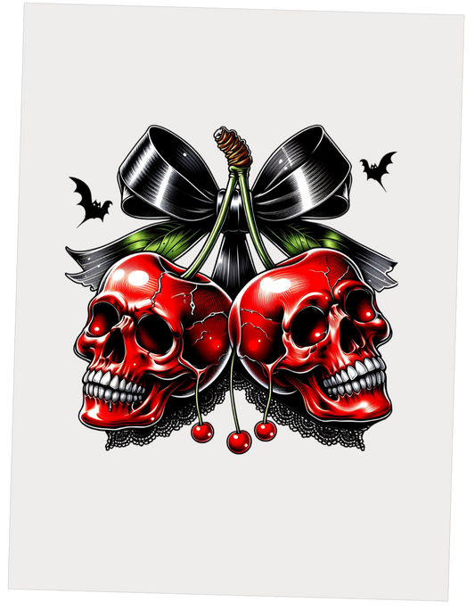 Spooky Red Skull Cherry Halloween Bow DTF Transfer - Snazzy Dudds
