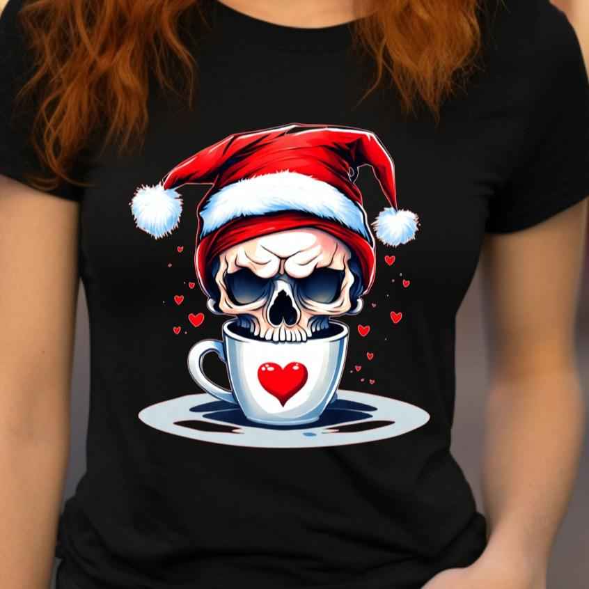 Christmas Gothic Skull Coffee Love Christmas Jumper Day Tshirt Casual Crew Neck Womenswear Menswear Cotton Shortsleeve - Snazzy Dudds