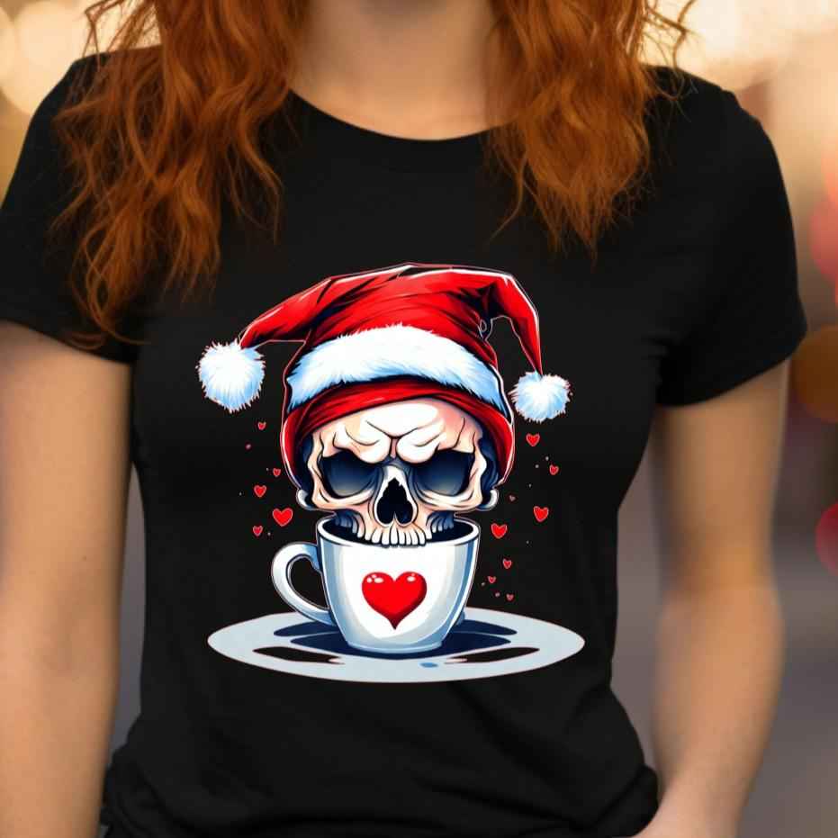 Christmas Gothic Skull Coffee Love Christmas Jumper Day Tshirt Casual Crew Neck Womenswear Menswear Cotton Shortsleeve - Snazzy Dudds