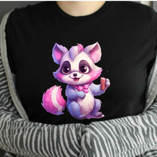 Pink Racoon Colourful Image on Tshirt - Unisex Casual Crew Neck 100% Cotton - Snazzy Dudds