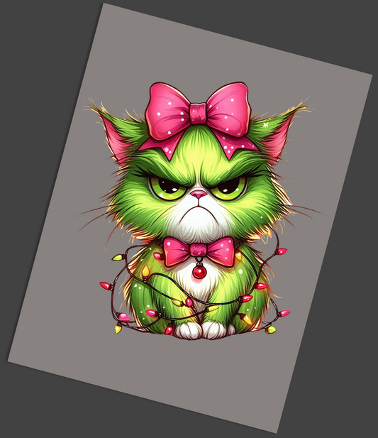 Green Angry Christmas Cat DTF Transfer - Snazzy Dudds