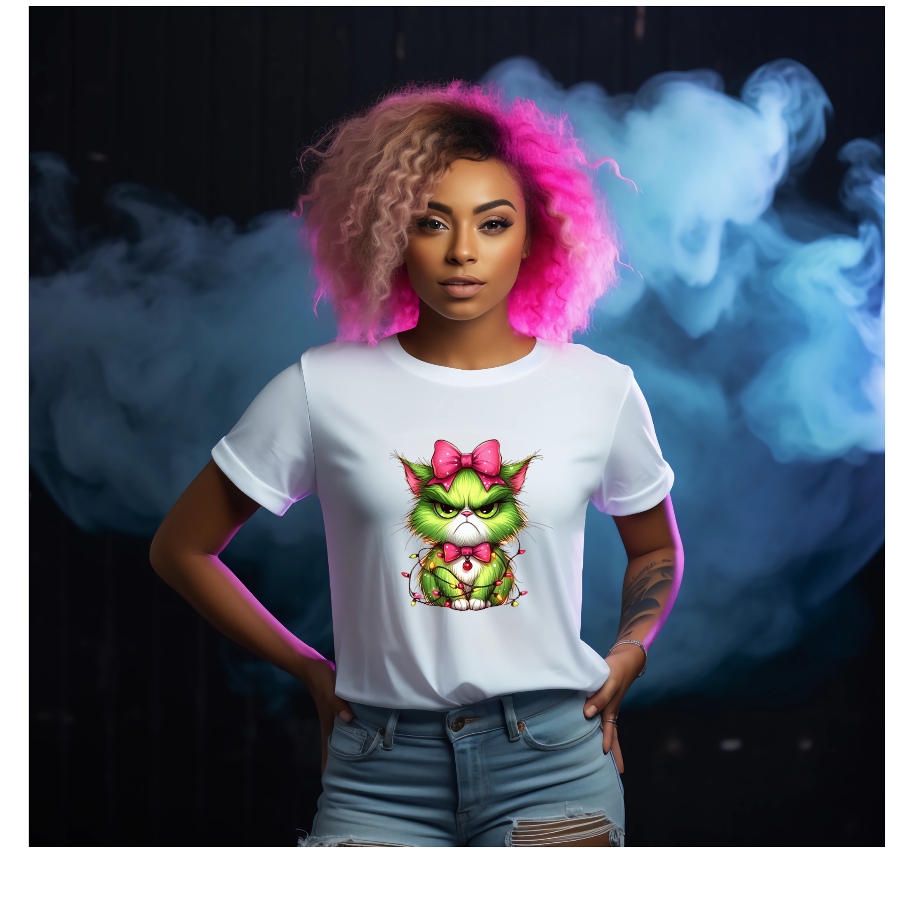 Green Angry Christmas Cat Tshirt - Snazzy Dudds