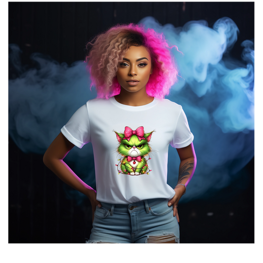Green Angry Christmas Cat Tshirt - Snazzy Dudds