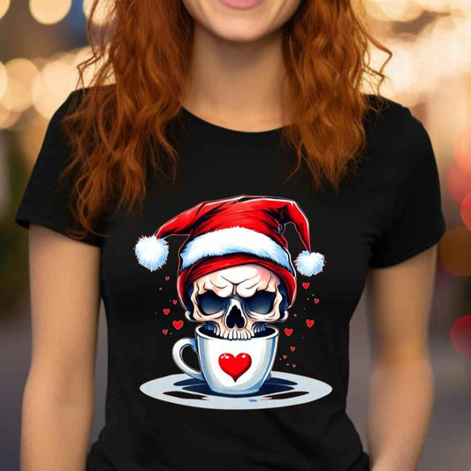 Christmas Gothic Skull Coffee Love Christmas Jumper Day Tshirt Casual Crew Neck Womenswear Menswear Cotton Shortsleeve - Snazzy Dudds