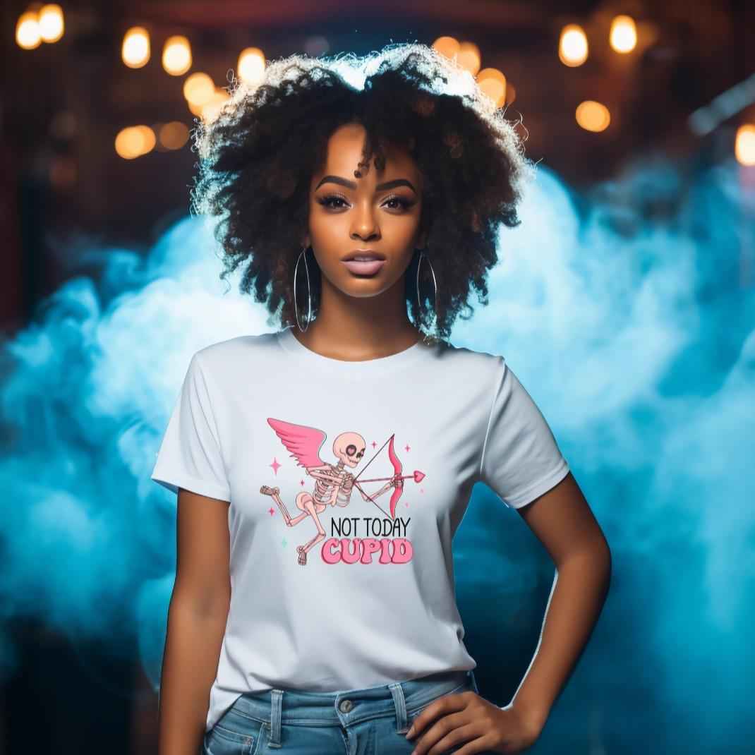 NOT TODAY CUPID: Skeleton Anti-Valentine's Crew Neck Tees Casual Crew Neck Tees White Tshirt Gothic Lovers - Snazzy Dudds