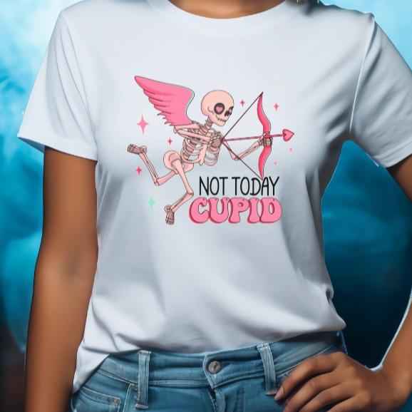 NOT TODAY CUPID: Skeleton Anti-Valentine's Crew Neck Tees Casual Crew Neck Tees White Tshirt Gothic Lovers - Snazzy Dudds