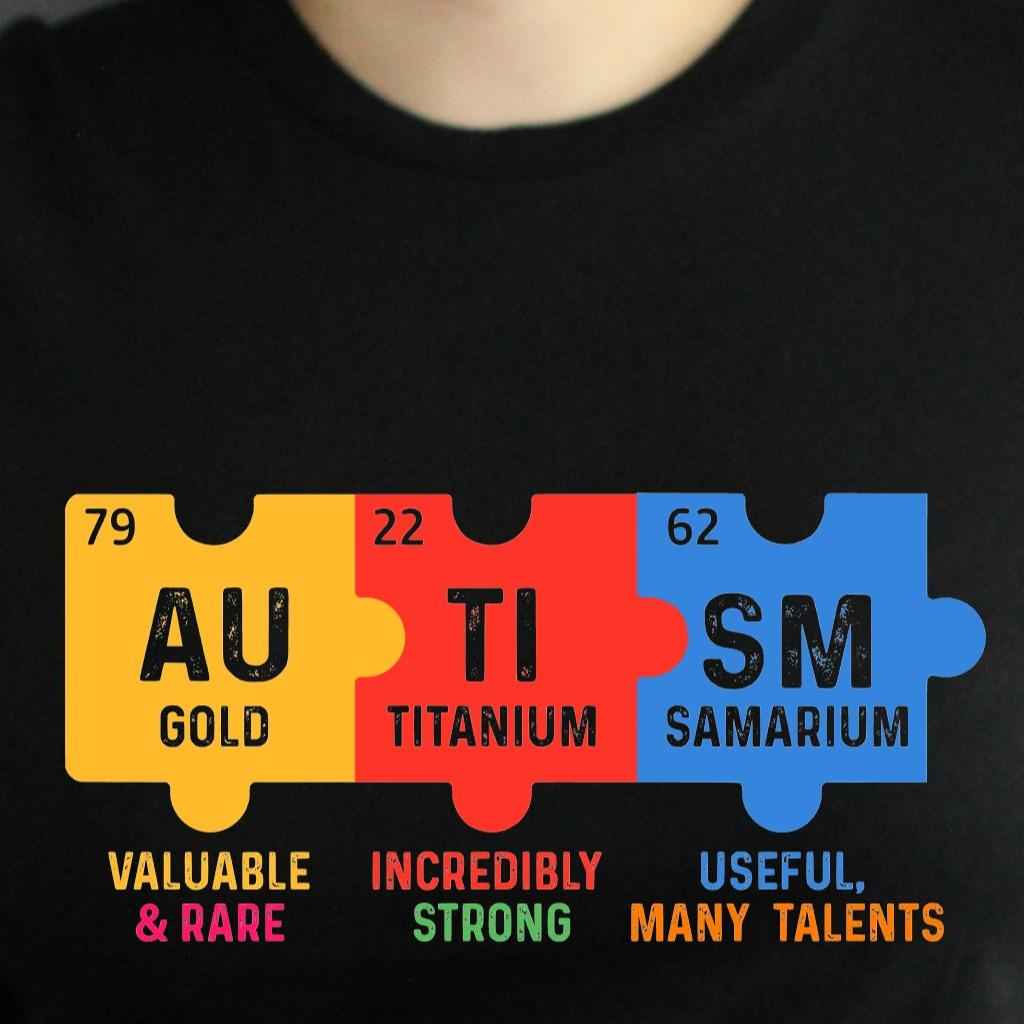 TSHIRT Autism Periodic Table Values - Autism Awareness Unisex Casual Crew Neck Tshirt 100% Cotton - Snazzy Dudds